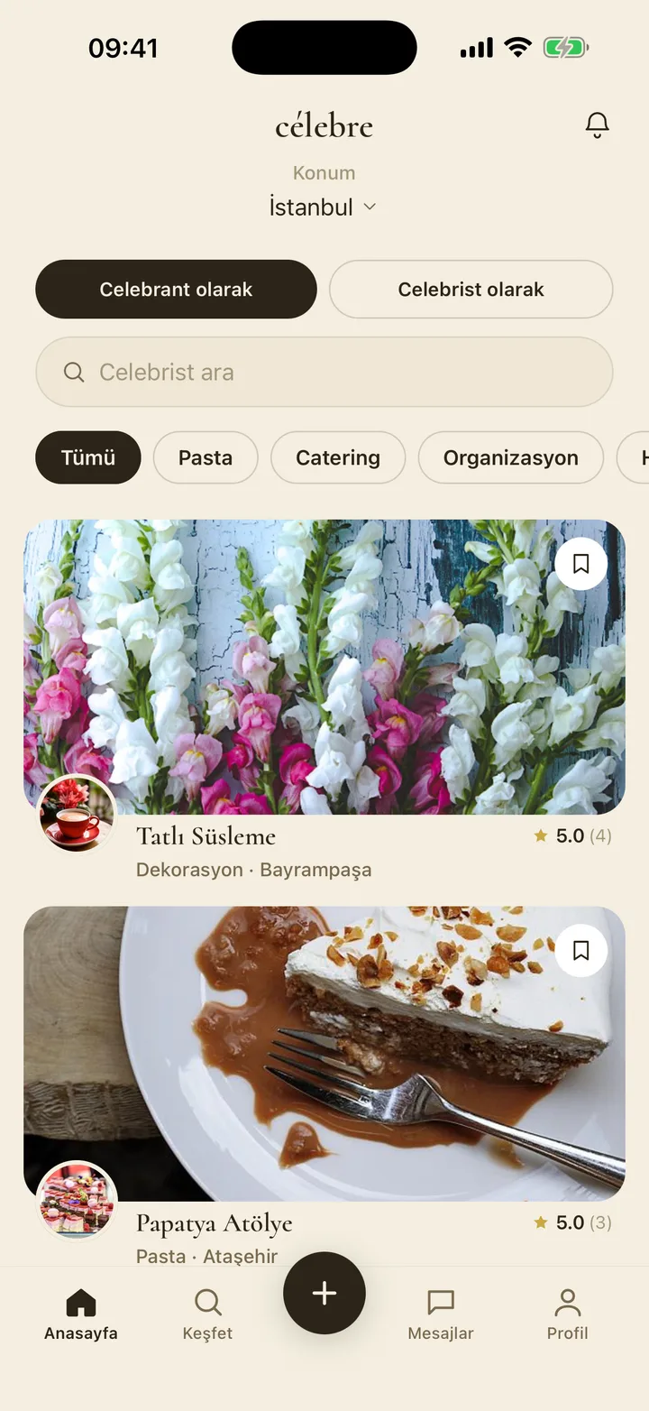 Celebre ana ekranı: İstanbul için pasta, catering ve organizasyon kategorileriyle Celebrist akışı